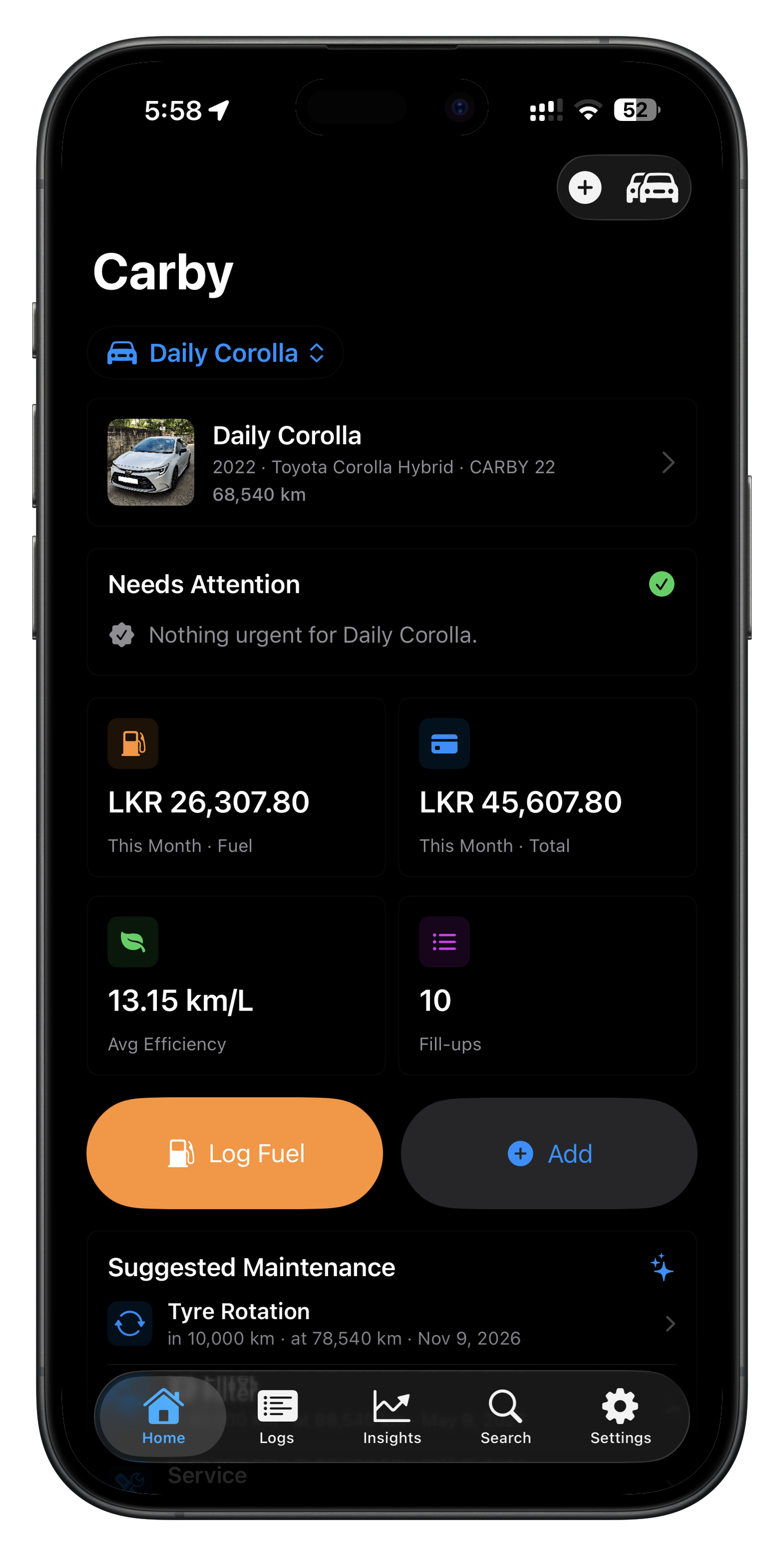 Carby dashboard showing vehicle stats, fuel spend, average efficiency, and suggested maintenance