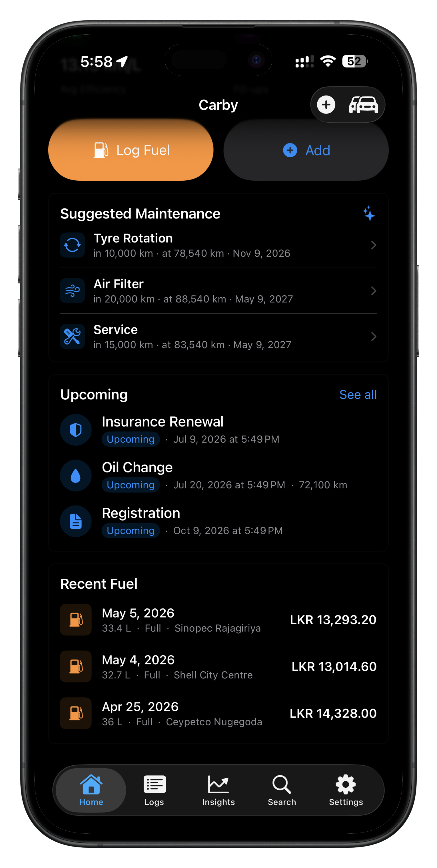 Carby home screen showing suggested maintenance, upcoming reminders, and recent fuel entries