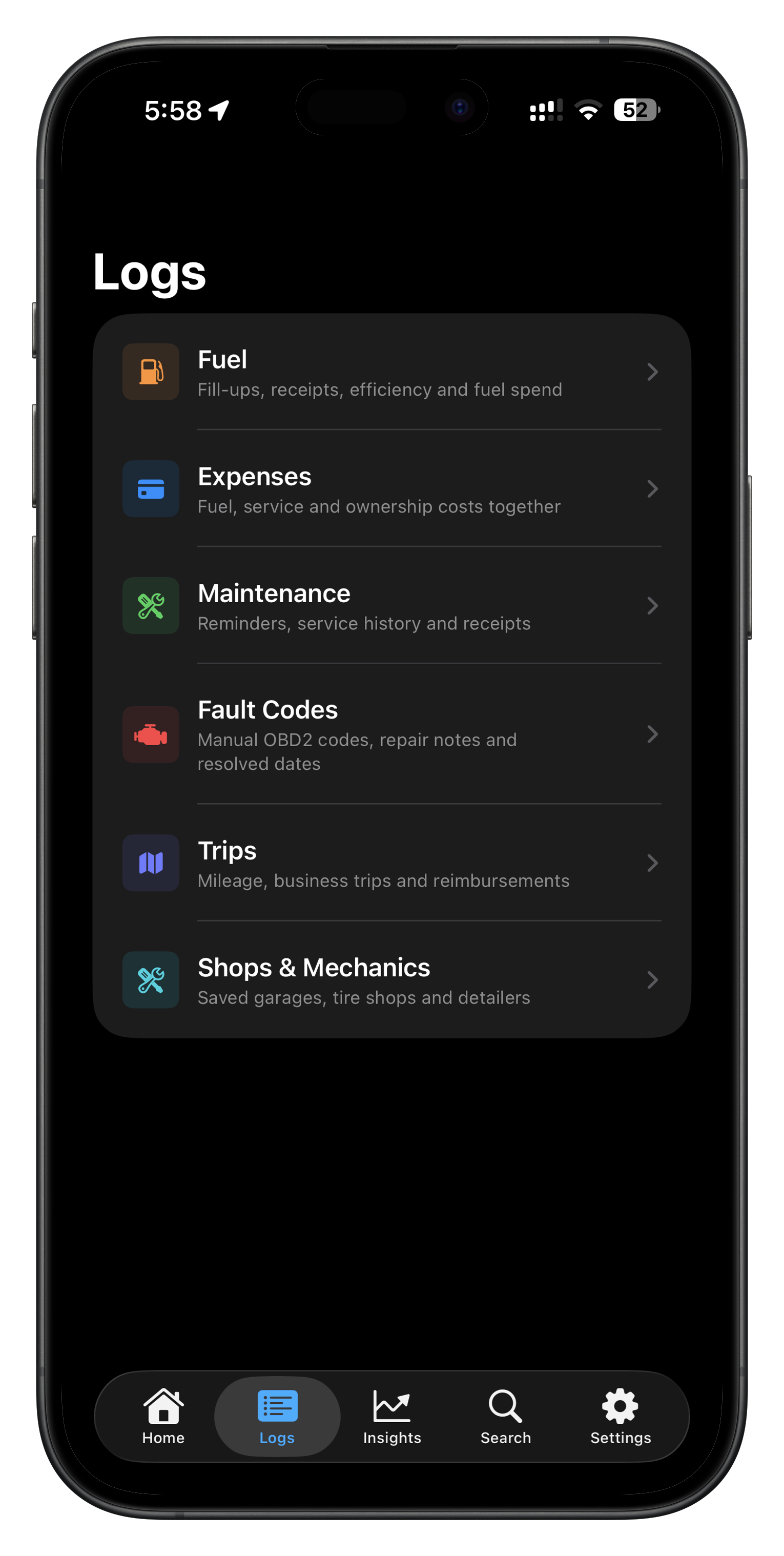Carby logs screen listing fuel, expenses, maintenance, fault codes, trips, and shops